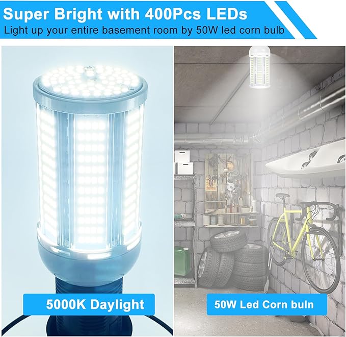 50W LED Corn Bulb, 6000 Lumens 5000K Daylight White, E26/E27 Base