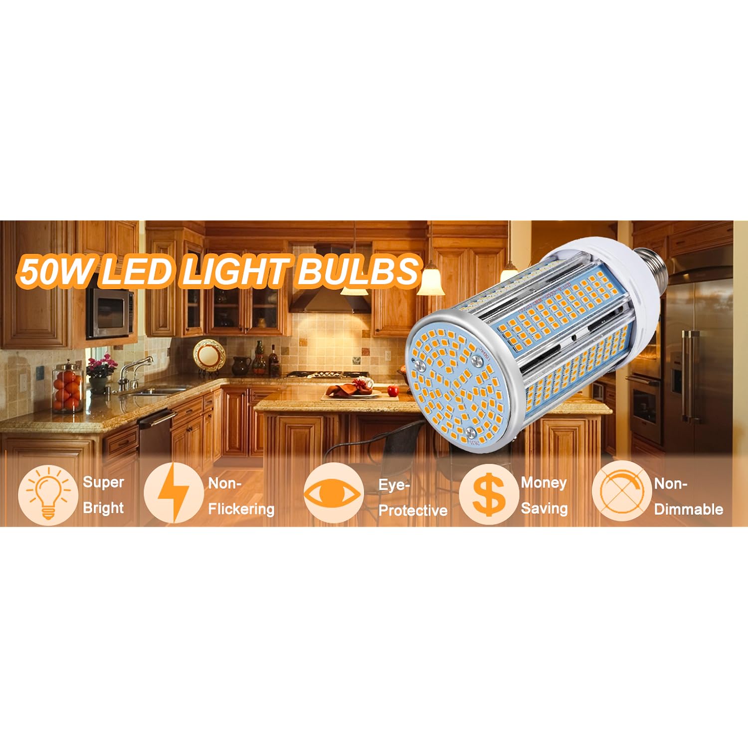 50W LED Corn Light Bulb 6000 Lumen Led Corn Bulb Super Bright 3000K Warm White E26/E27 Base LED Light Bulb for Home Garage Lighting Garage B