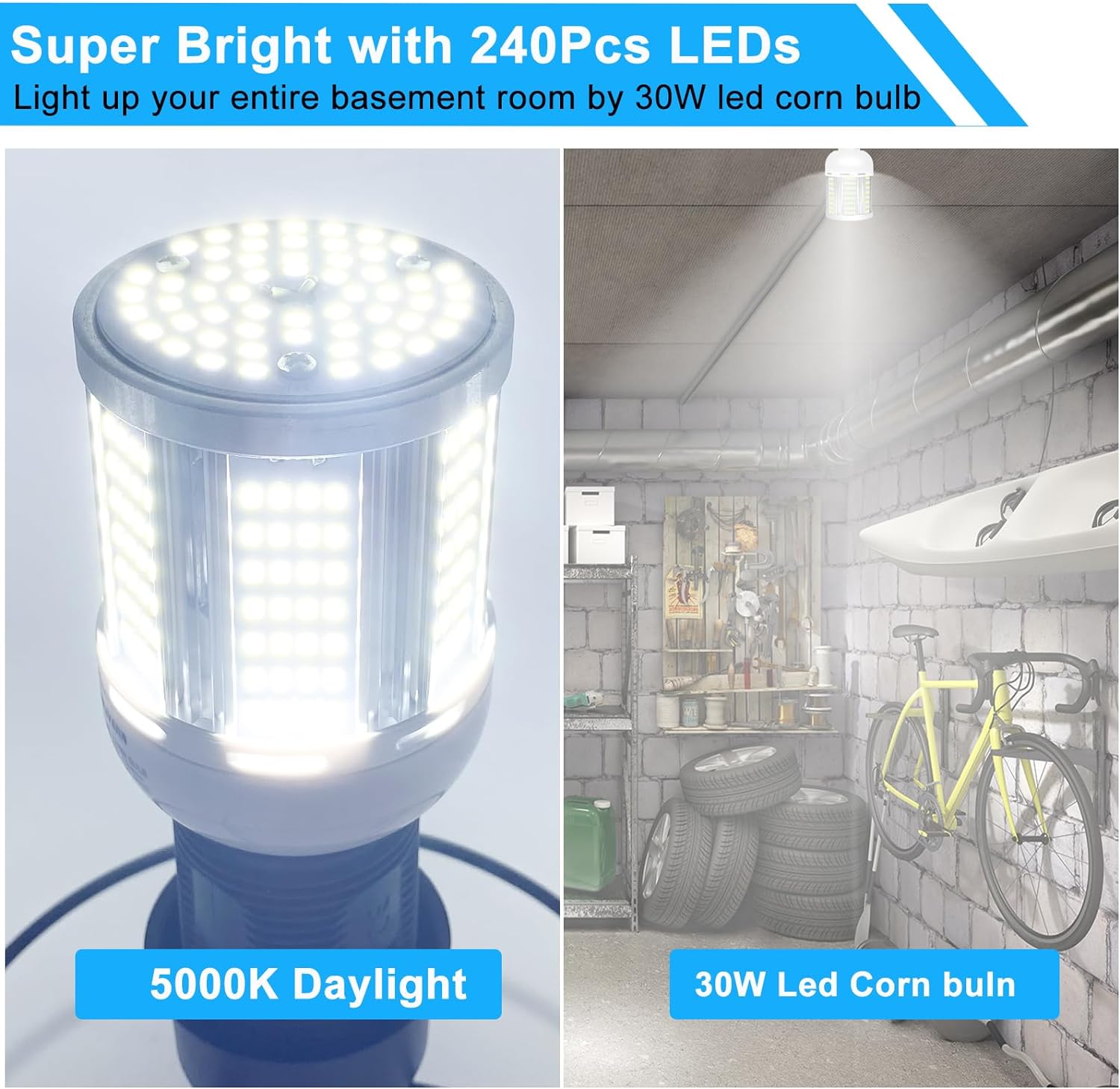30W LED Corn Light Bulb, 5000K Daylight White, E26/E27 Base, 3000 Lumens