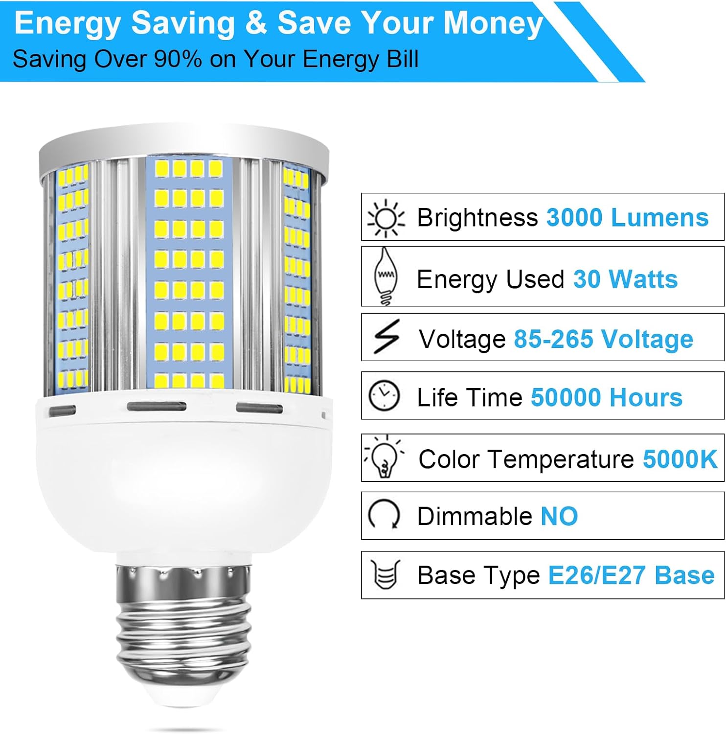 30W LED Corn Light Bulb, 5000K Daylight White, E26/E27 Base, 3000 Lumens