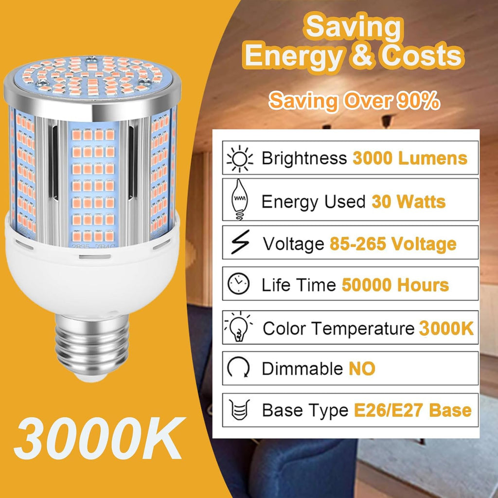30W LED Corn Light Bulb 3000 Lumen Led Corn Bulb 3000K Warm White E26/E27 Base LED Light Bulb for Home Garage Lighting Garage Backyard Offic