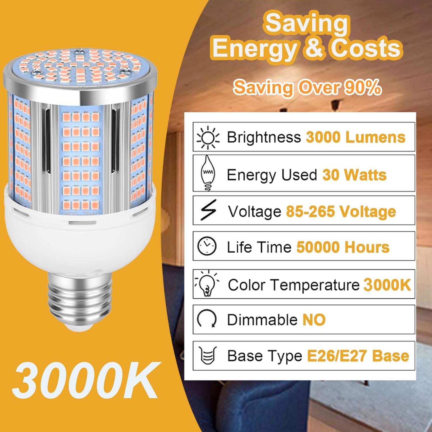 30W LED Corn Light Bulb 3000 Lumen Led Corn Bulb 3000K Warm White E26/E27 Base LED Light Bulb for Home Garage Lighting Garage Backyard Offic