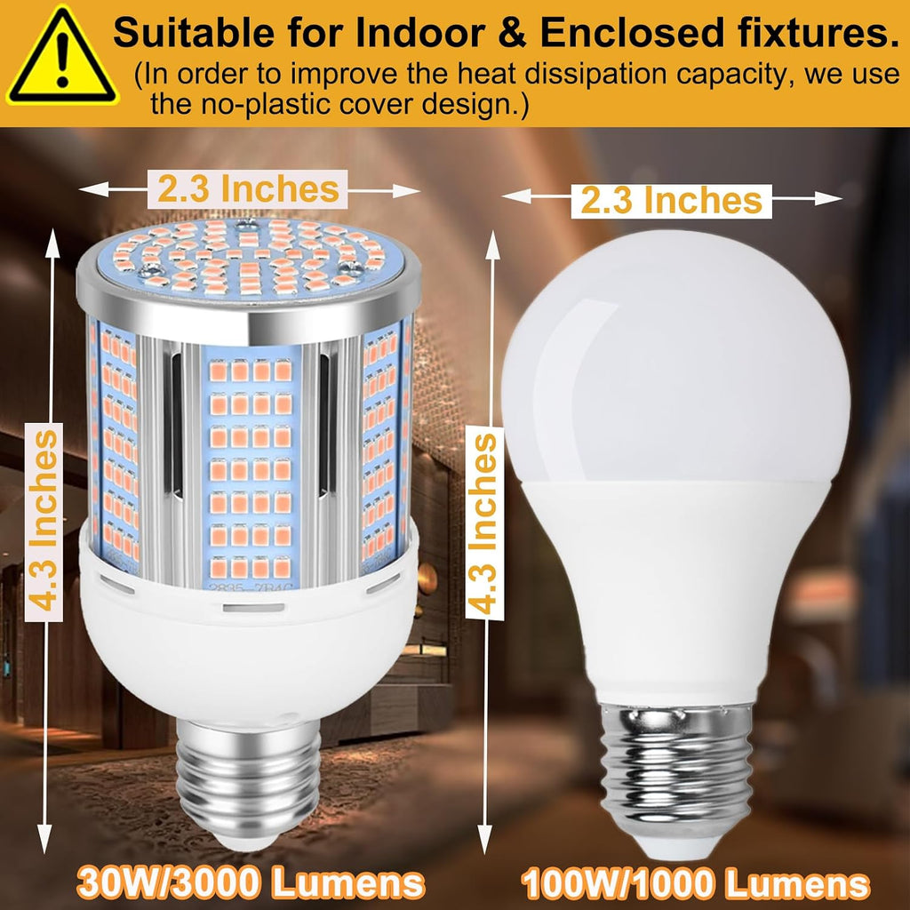 30W LED Corn Light Bulb 3000 Lumen Led Corn Bulb 3000K Warm White E26/E27 Base LED Light Bulb for Home Garage Lighting Garage Backyard Offic