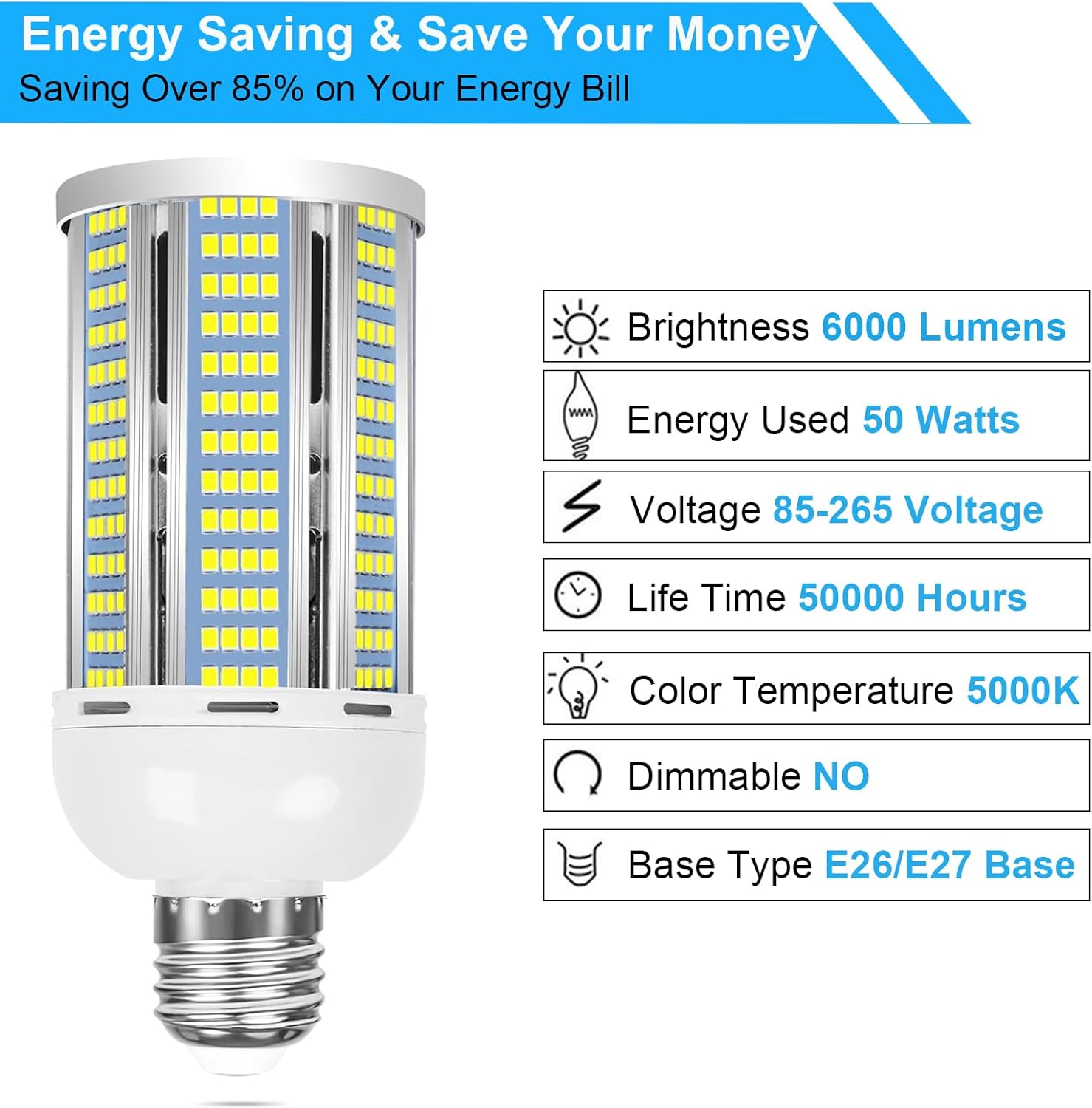 100W LED Corn Bulb, 5000K Daylight White, 12000 Lumens, E26/E39 Base