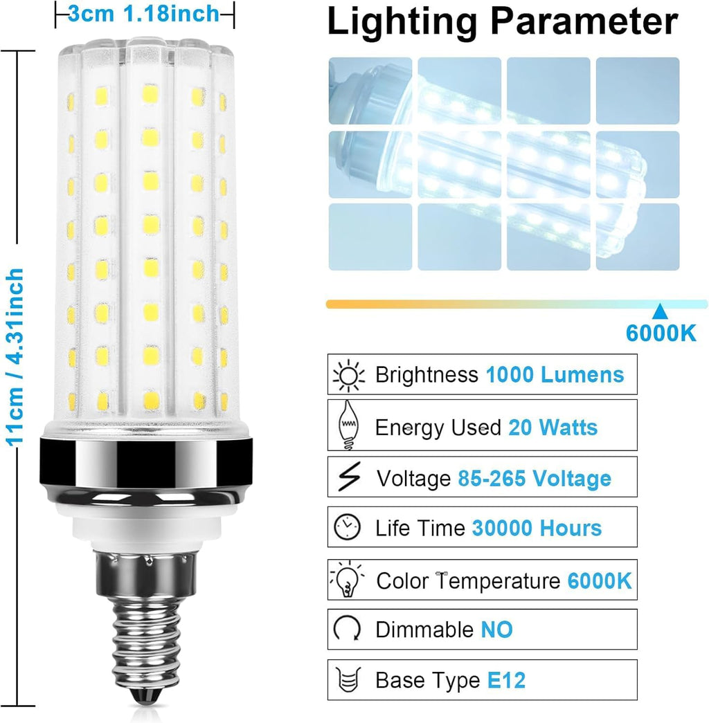 20W E12 LED Corn Light Bulb, 6000K Daylight White, 1000 Lumens