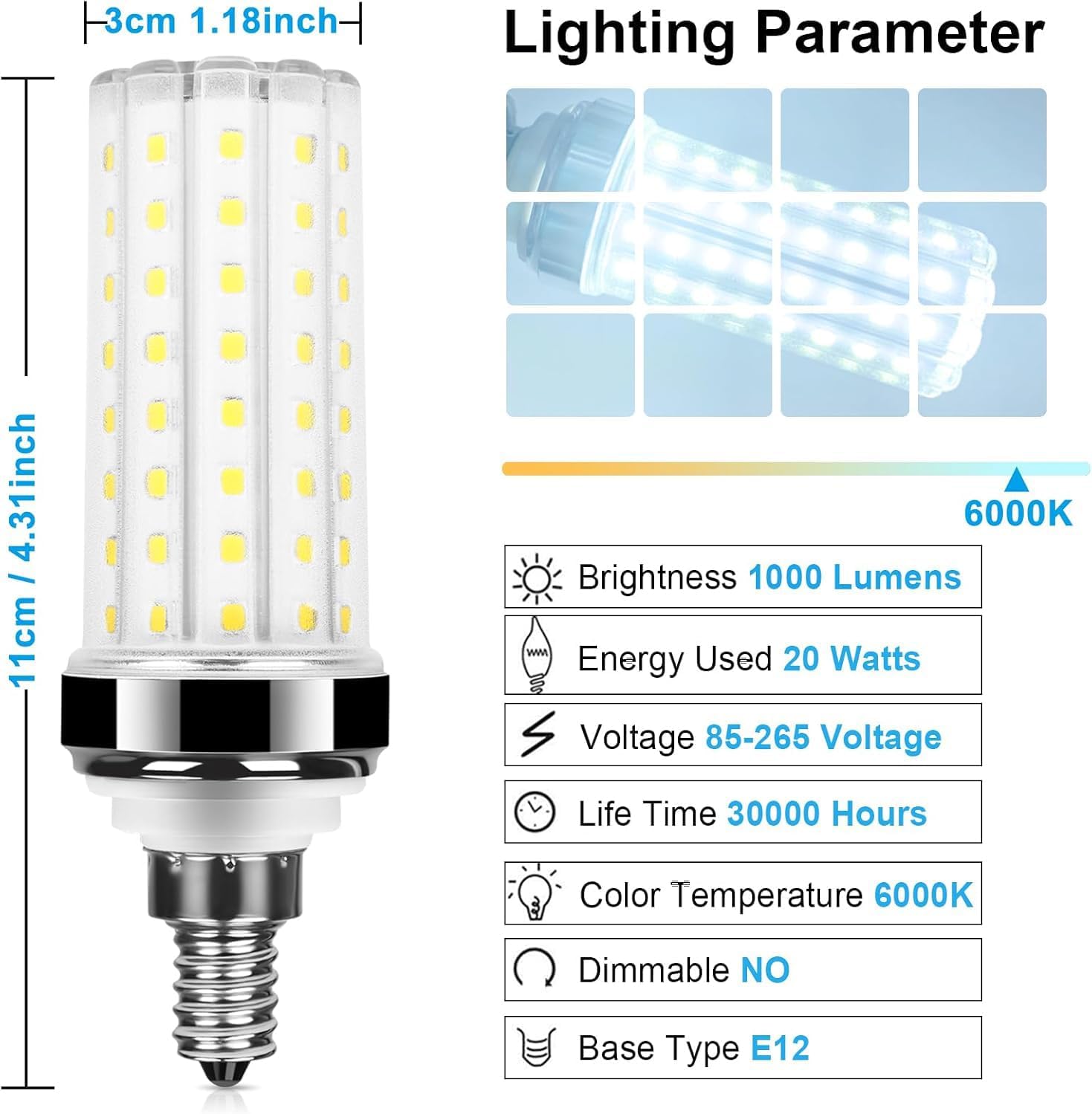 20W E12 LED Corn Light Bulb, 6000K Daylight White, 1000 Lumens