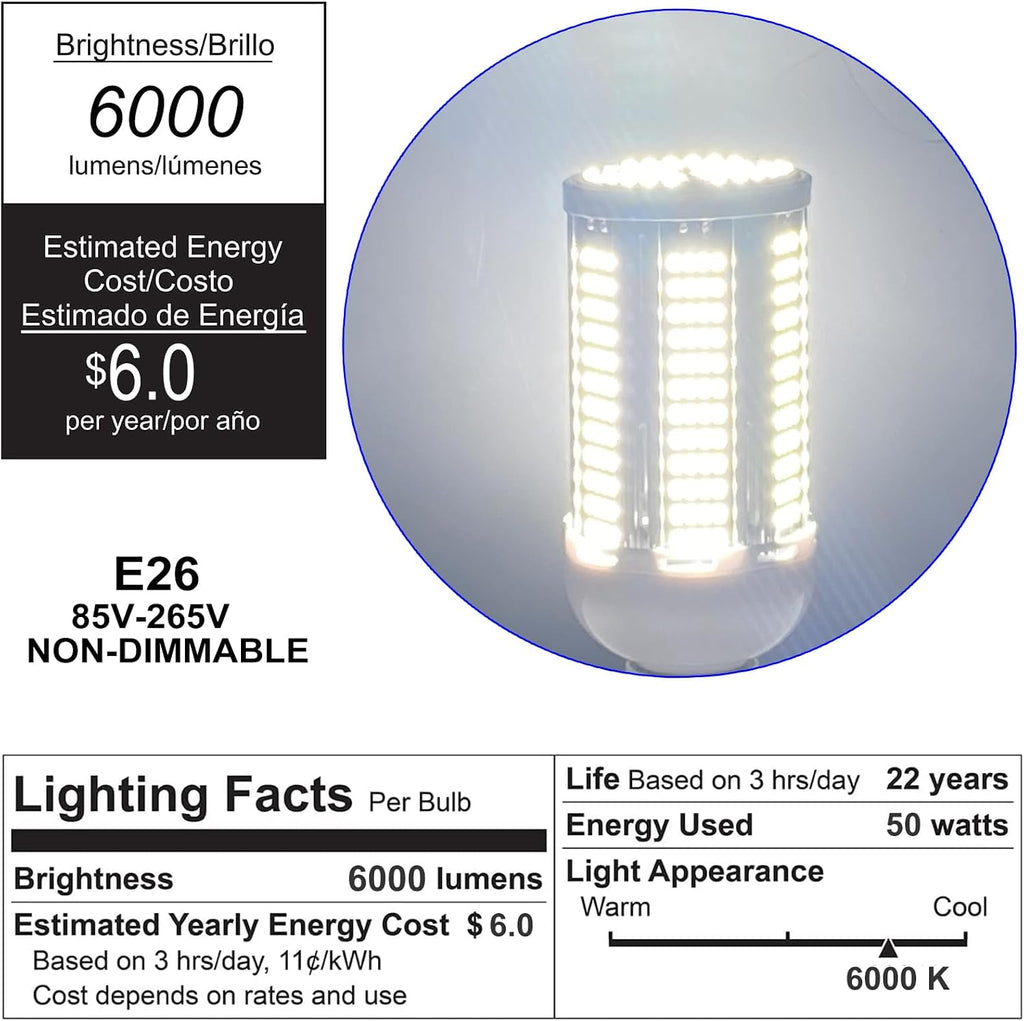 60W LED Corn Bulb, 6000 Lumens 5000K Daylight White, E26 Base