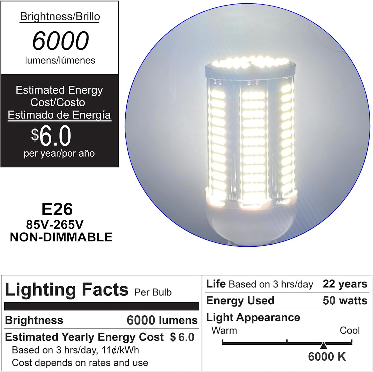 60W LED Corn Bulb, 6000 Lumens 5000K Daylight White, E26 Base