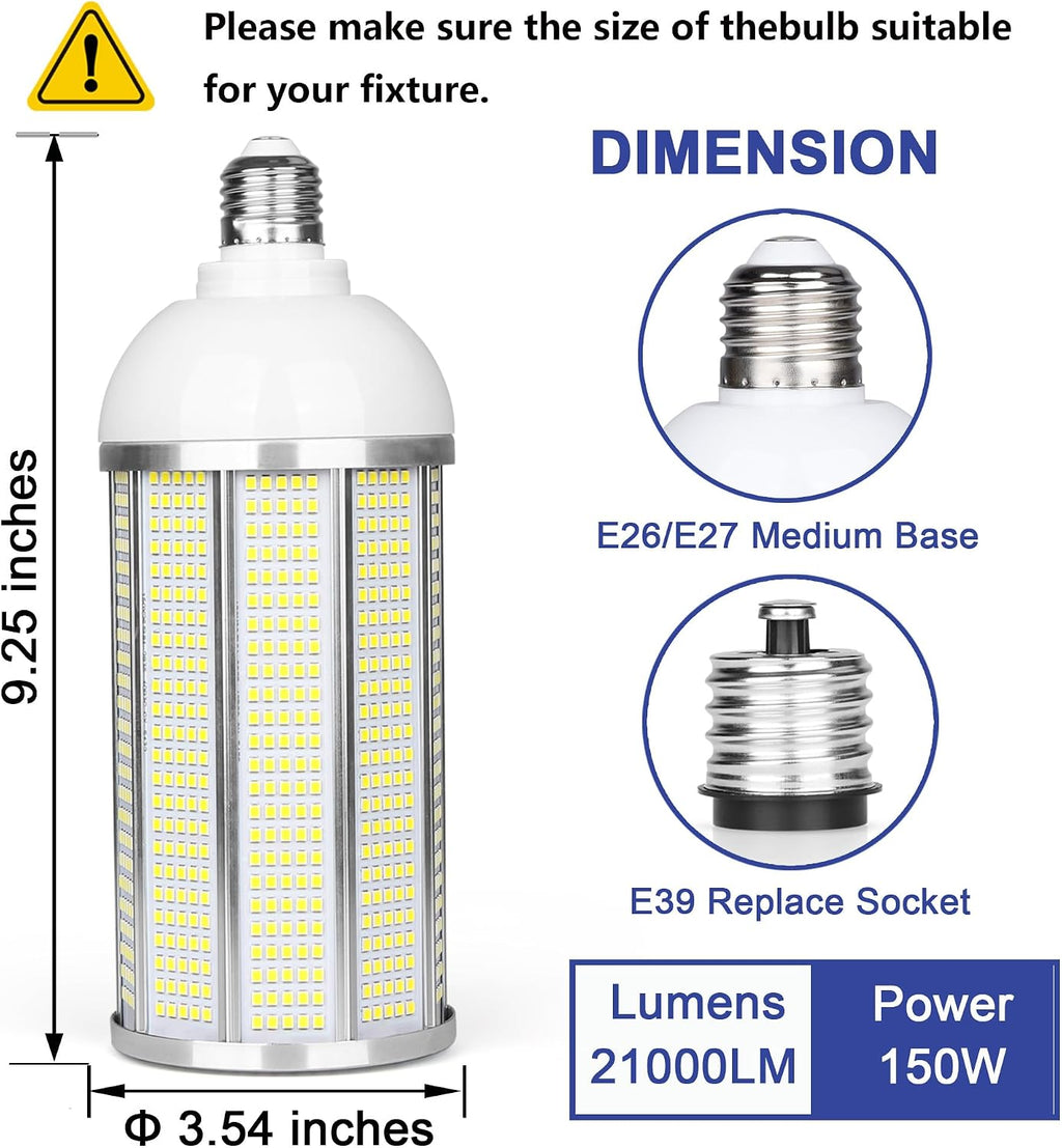 150W LED Corn Bulb, 21000 Lumens 5000K Daylight White, E26/E39 Base