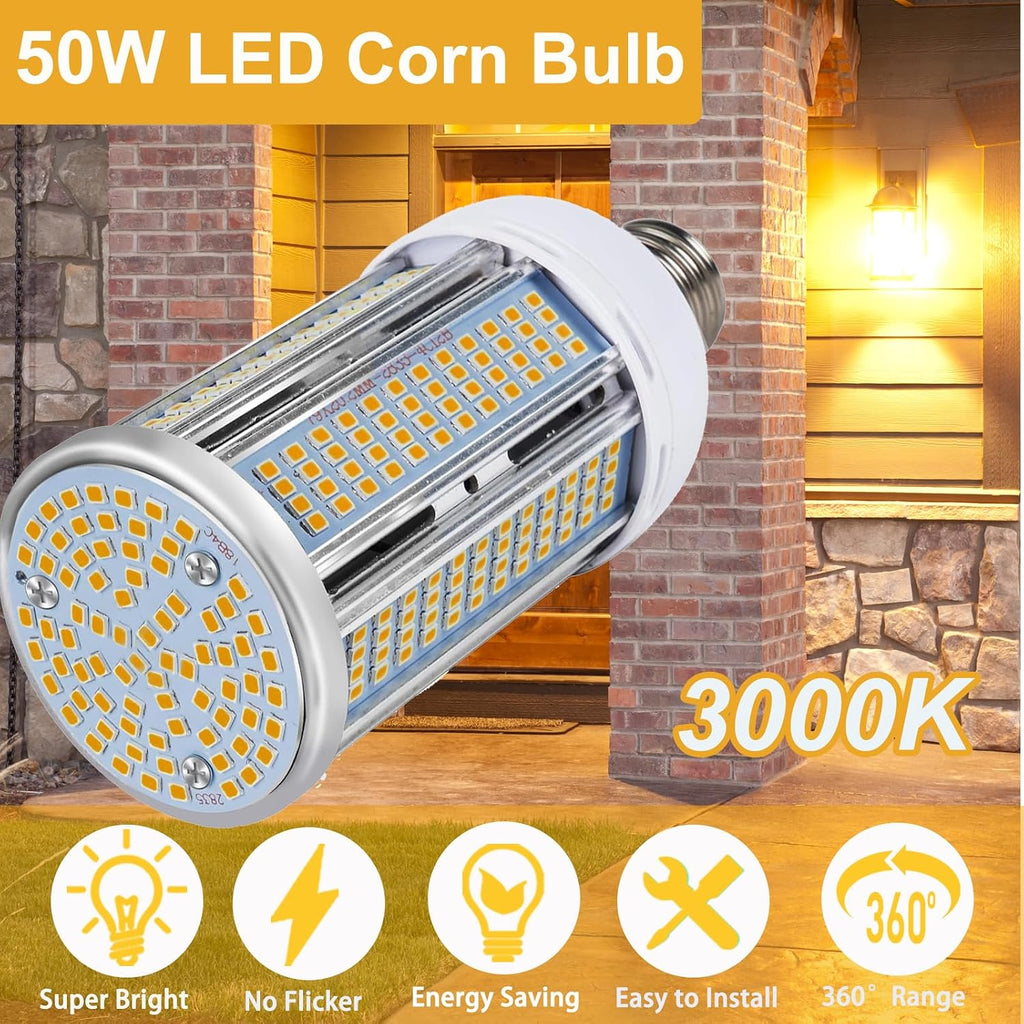 50W LED Corn Light Bulb 6000 Lumen Led Corn Bulb Super Bright 3000K Warm White E26/E27 Base LED Light Bulb for Home Garage Lighting Garage B