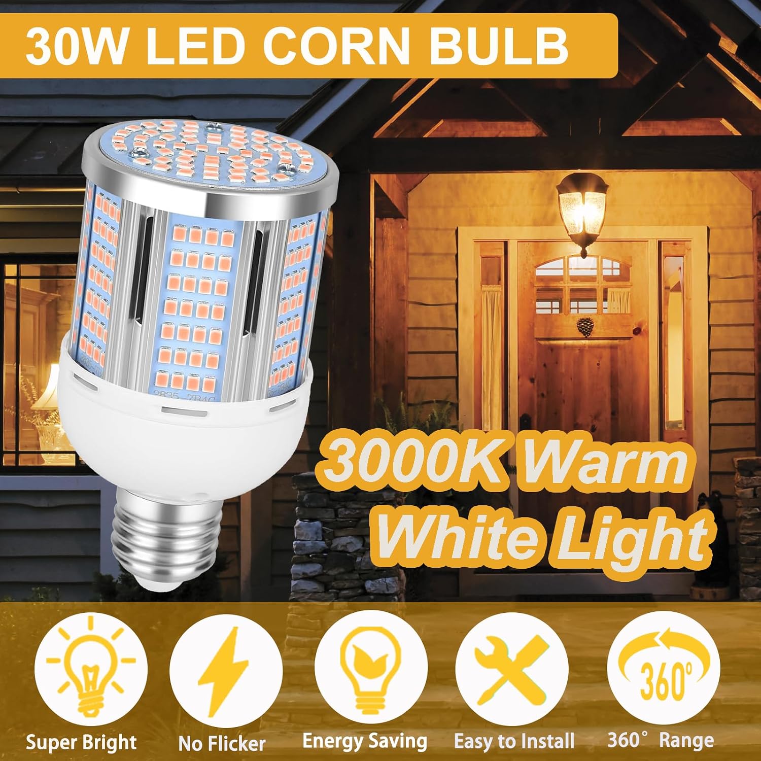 30W LED Corn Light Bulb 3000 Lumen Led Corn Bulb 3000K Warm White E26/E27 Base LED Light Bulb for Home Garage Lighting Garage Backyard Offic